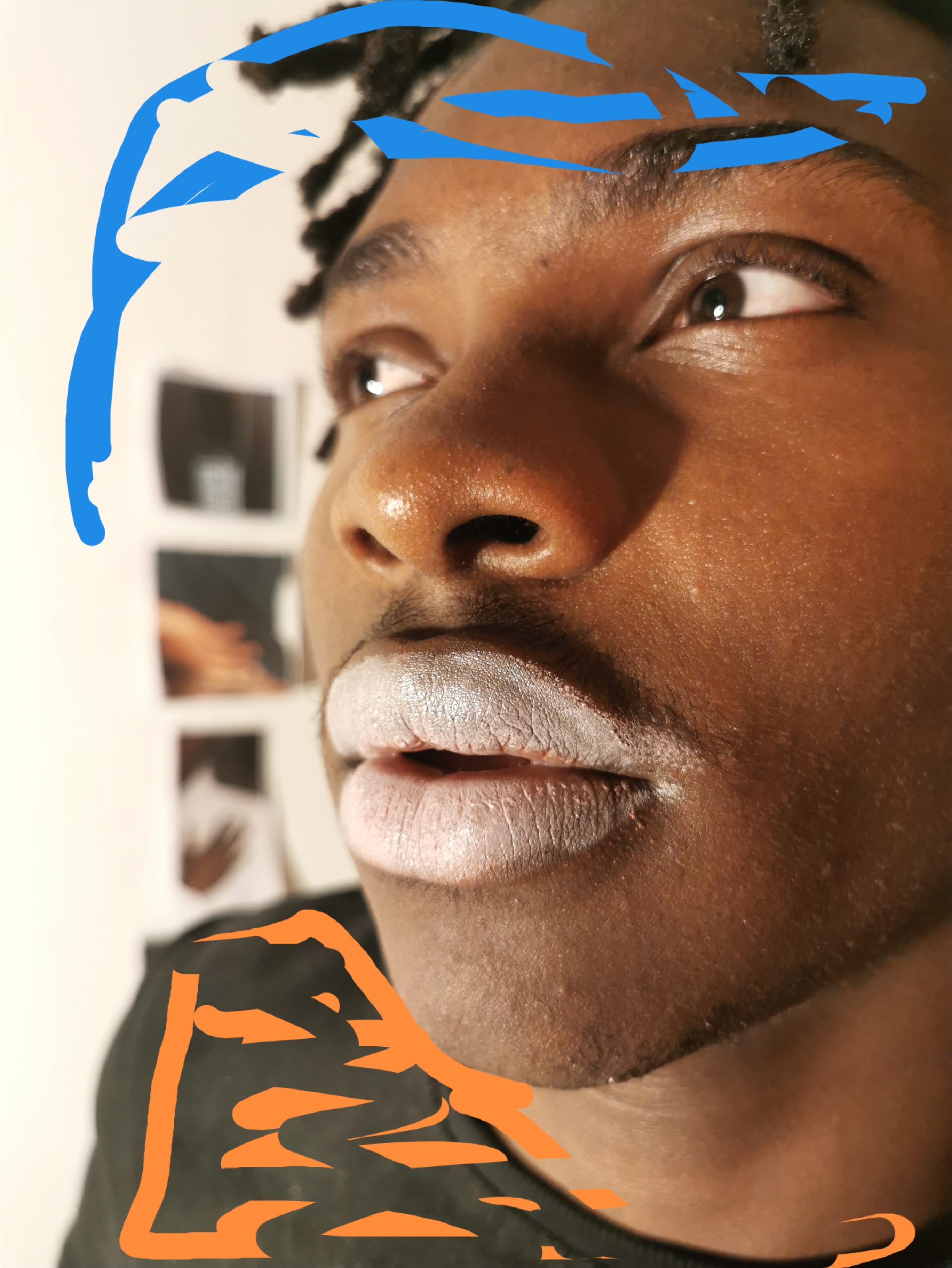 Close up of a face with high contrast drwaings in blue and orange giving an artsey vibe